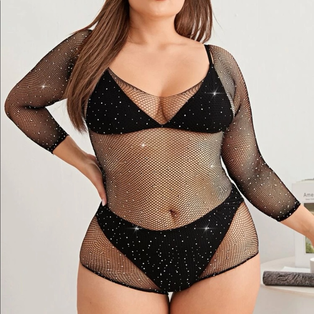 Plus Size Rhinestone Detail Fishnet Romper Bodysuit